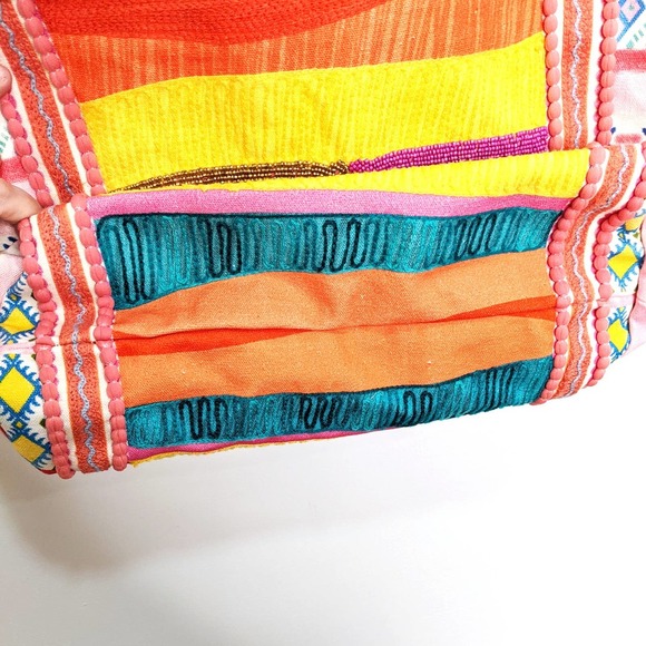 Casey Key Beaded Cotton Boho Bright Rainbow Multicolor Rope Tote Bag Purse - Picture 9 of 12